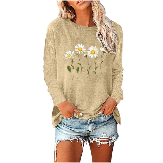 Women Crewneck Daisy Print Long Sleeve Sweatshirt Cotton Graphic Tops Casual Loose Fit Pullover Shirts for Fall Winter
