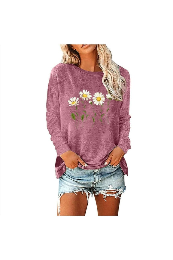 Women Crewneck Daisy Print Long Sleeve Sweatshirt Cotton Graphic Tops Casual Loose Fit Pullover Shirts for Fall Winter