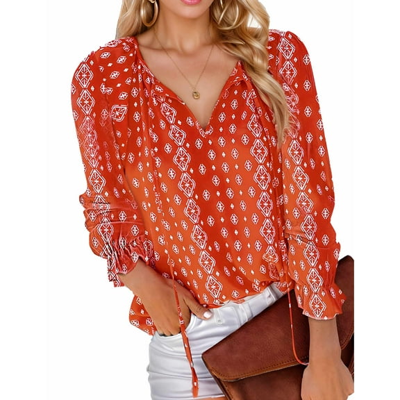 Women Crewneck Floral Print Blouses Puff Sleeve Shirts Casual Tops