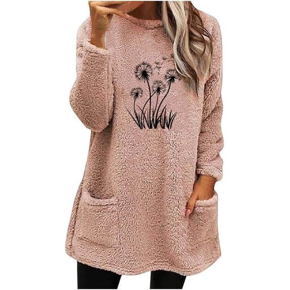 Women Crewneck Fuzzy Sweater Graphic Soft Fleece Sherpa Sweatshirts with Pockets Winter Warm Clothes, S Pink