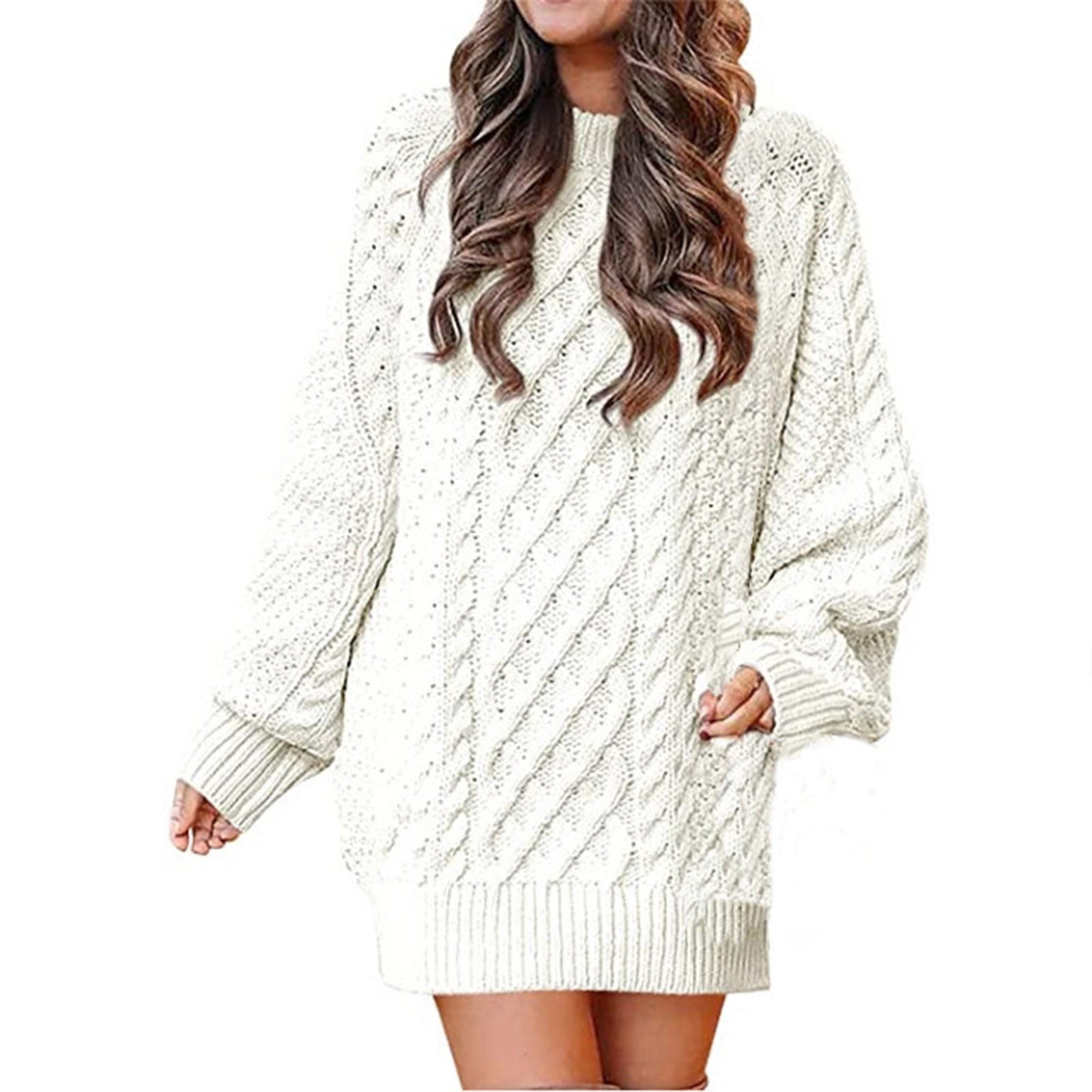 Women Crewneck Long Sleeve Slouchy Oversized Winter Casual Cable Knit  Chunky Pullover Short Tunic Sweater Dresses 