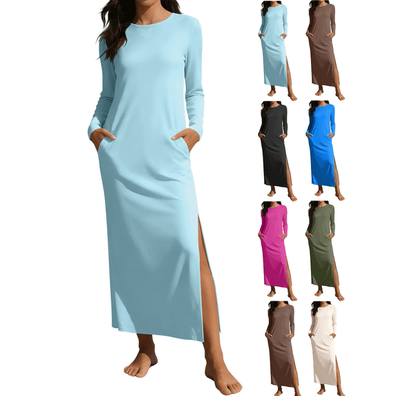 Women Crewneck Maxi Dress Slit Casual Loose Solid Color Long Sleeve Dresses with Pockets