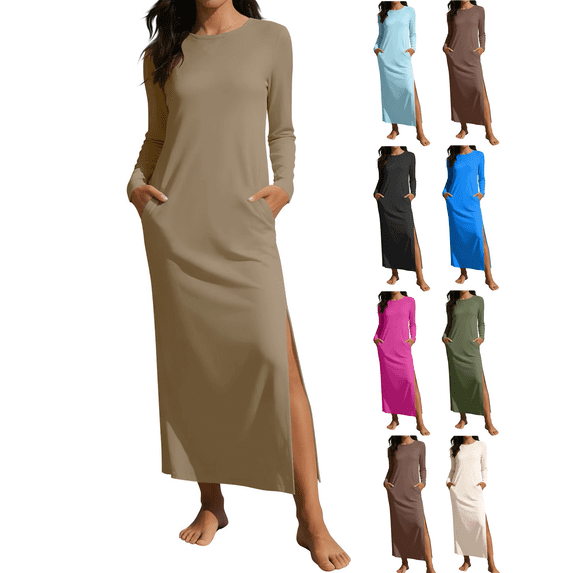 Women Crewneck Maxi Dress Slit Casual Loose Solid Color Long Sleeve Dresses with Pockets
