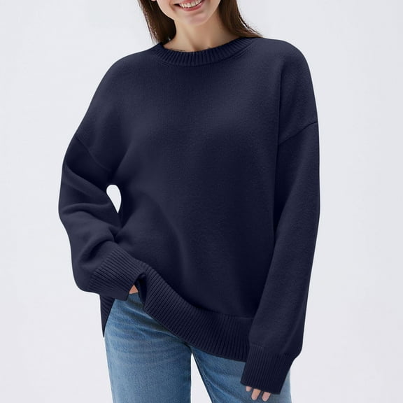 Women Crewneck Oversized Sweater Long Sleeve Solid Color Pullover Sweaters Warm Knit Loungewear Knit Blouse Navy 3XL
