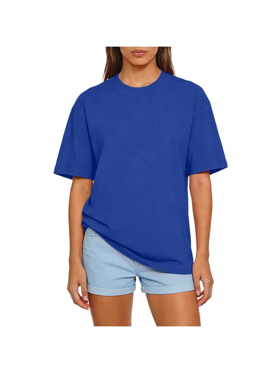 Women Crewneck Short Sleeve Loose Fit T Shirt Casual Basic Top Soft Cotton Classic Tee for Daily Wear Blue XL
