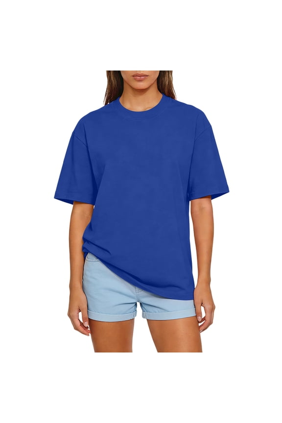 Women Crewneck Short Sleeve Loose Fit T Shirt Casual Basic Top Soft Cotton Classic Tee for Daily Wear Blue XL
