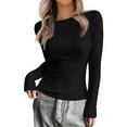 thumbnail image 1 of Women Crewneck Slim Fitted Long Sleeve T Shirts Cute Stretchy Bodycon Basic Tee Tops Black S, 1 of 6
