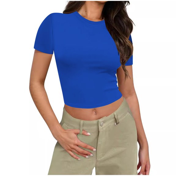 Women Crewneck Slim Fitted Short Sleeve T Shirts Cute Stretchy Bodycon Basic Tee Tops,Women's Short Sleeve Crewneck T Shirt 2025 Summer Ribbed Knit Slim Fit Basic Solid Color