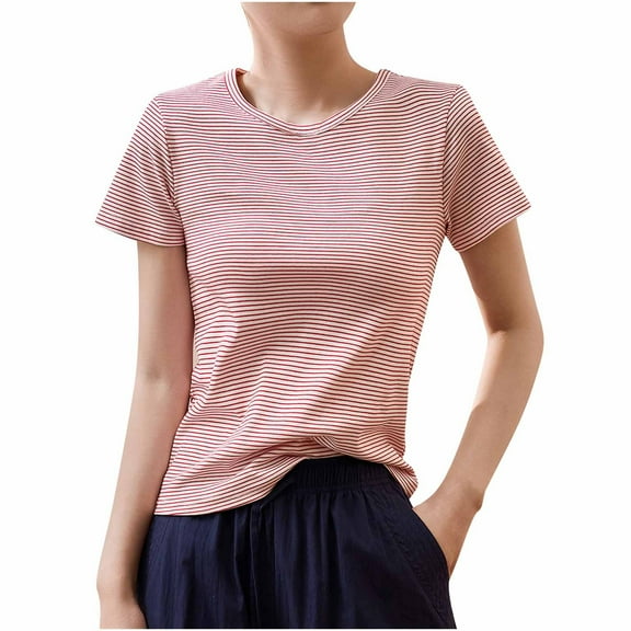 Women Crewneck Slim Fitted Short Sleeve T Shirts Cute Stripe Stretchy Bodycon Basic Tee Tops