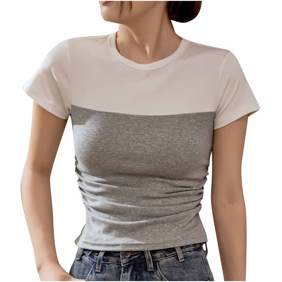 Women Crewneck Slim Fitted Short Sleeve T Shirts Cute Stripe Stretchy Bodycon Basic Tee Tops