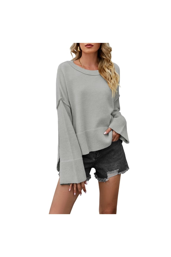 Women Crewneck Sweaters Bell-Style Sleeve Batwing Knit Tops Slouchy Soft Pullover Tops Gray M