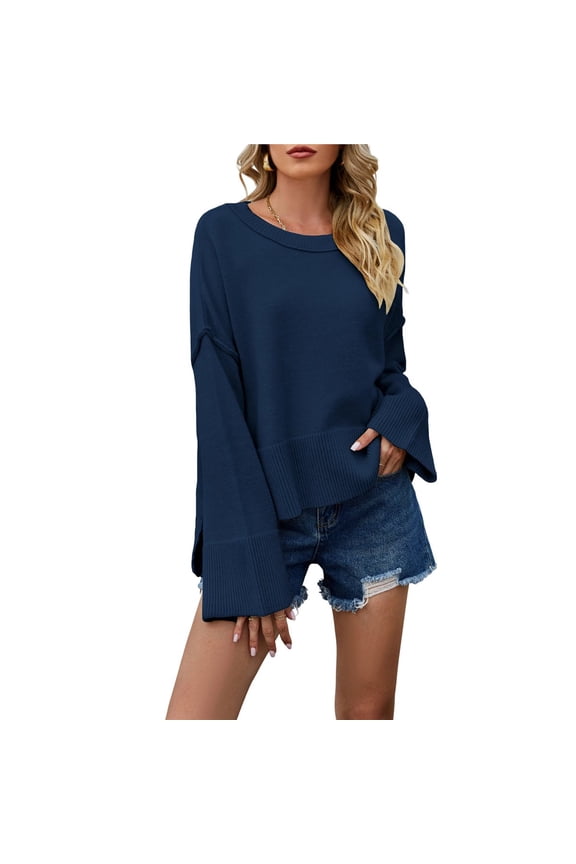 Women Crewneck Sweaters Bell-Style Sleeve Batwing Knit Tops Slouchy Soft Pullover Tops Navy Blue S