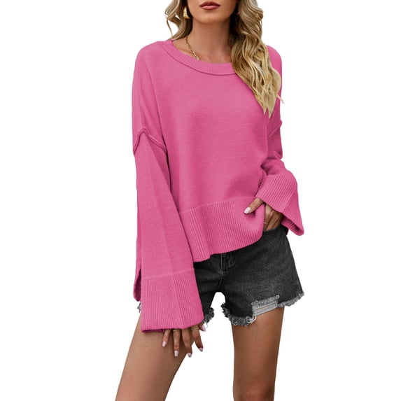 Women Crewneck Sweaters Bell-Style Sleeve Batwing Knit Tops Slouchy Soft Pullover Tops Rose Red M