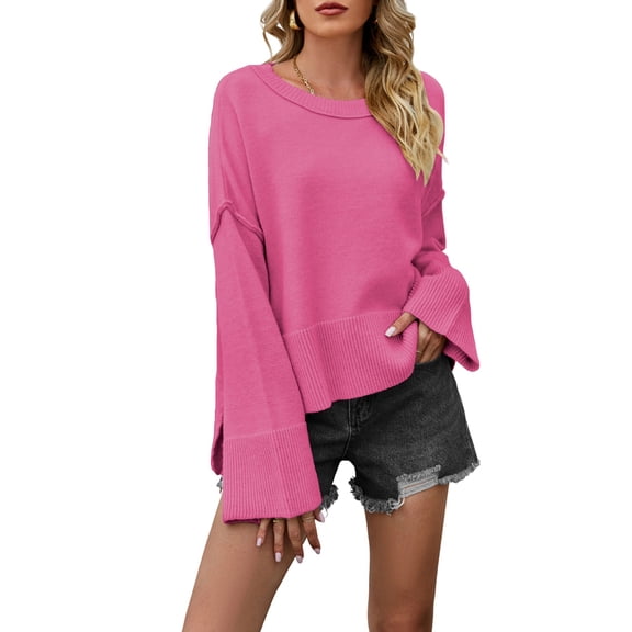 Women Crewneck Sweaters Bell-Style Sleeve Batwing Knit Tops Slouchy Soft Pullover Tops Rose Red S