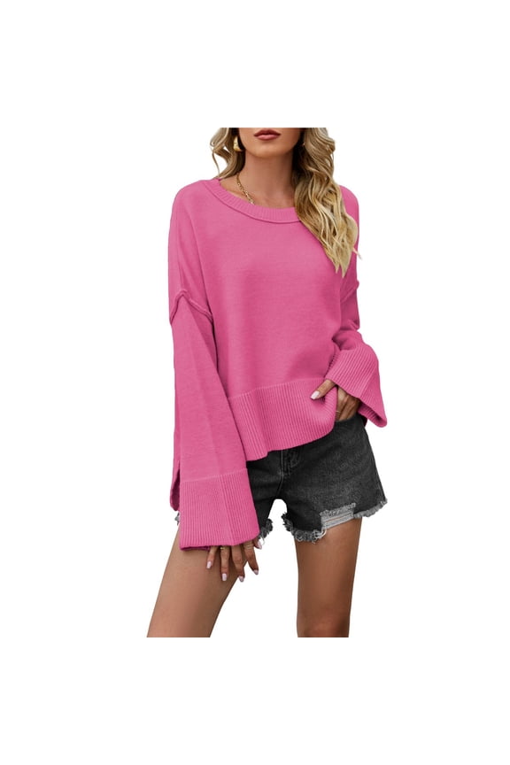 Women Crewneck Sweaters Bell-Style Sleeve Batwing Knit Tops Slouchy Soft Pullover Tops Rose Red XL