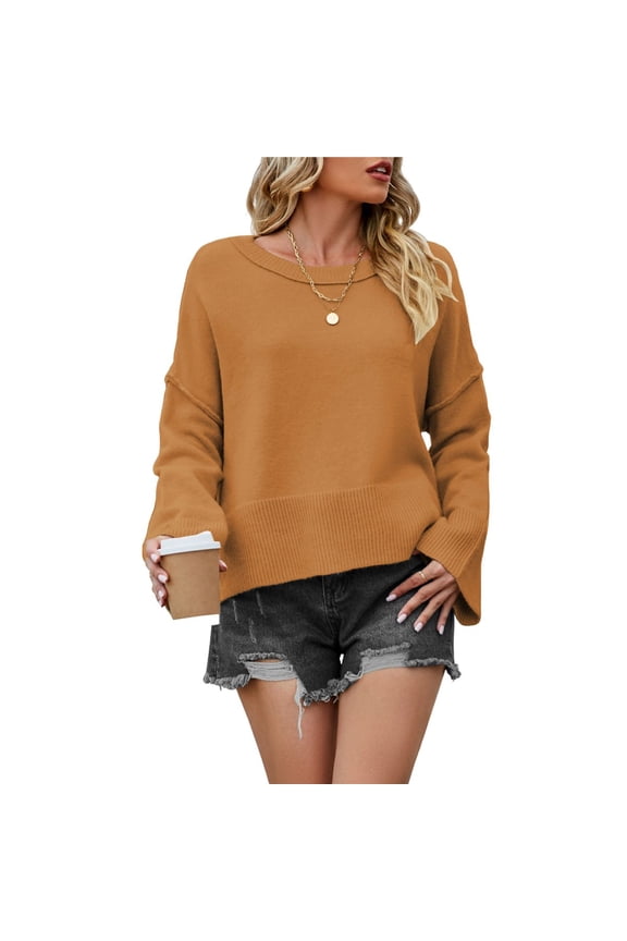 Women Crewneck Sweaters Bell-Style Sleeve Batwing Knit Tops Slouchy Soft Pullover Tops Yellow L