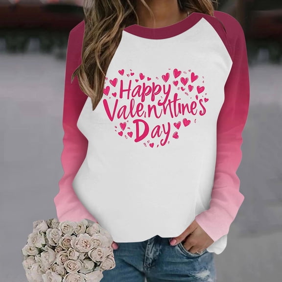 Women Crewneck Sweatshirt Heart Printed Valentines Day Clothes Plus Size Long Sleeve Raglan Shirt Pullover Tops (L, Pink 03)