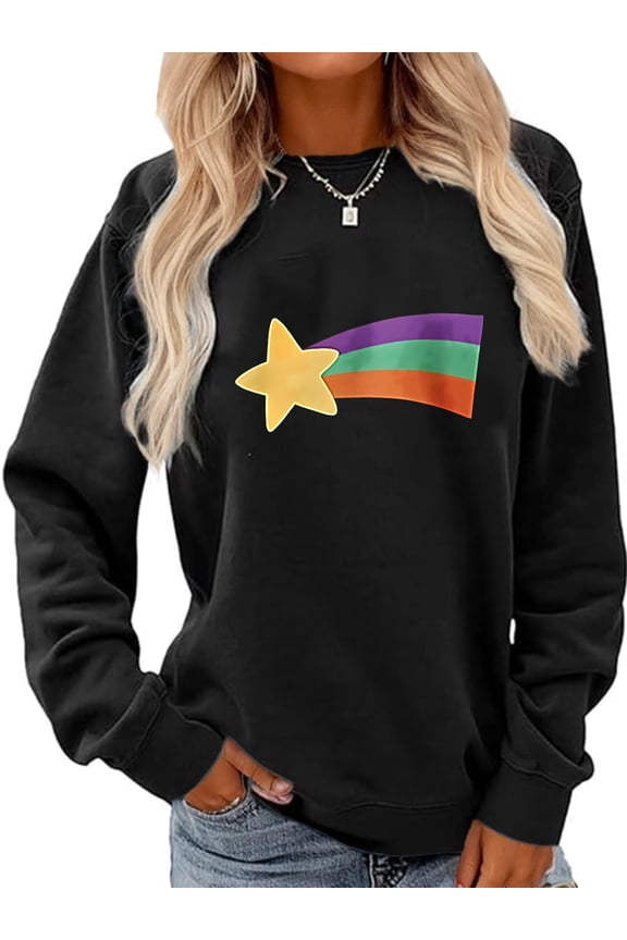 Women Crewneck Sweatshirt Star and Rainbow Graphic Shirt Casual Loose Long Sleeve Black Top