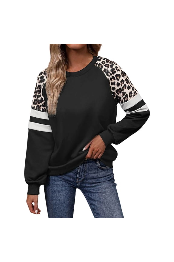 Women Crewneck Sweatshirts 2025 Spring Trendy Leopard Print Long Sleeve Blouses Casual Business Work Relaxed Fit Tops Black M
