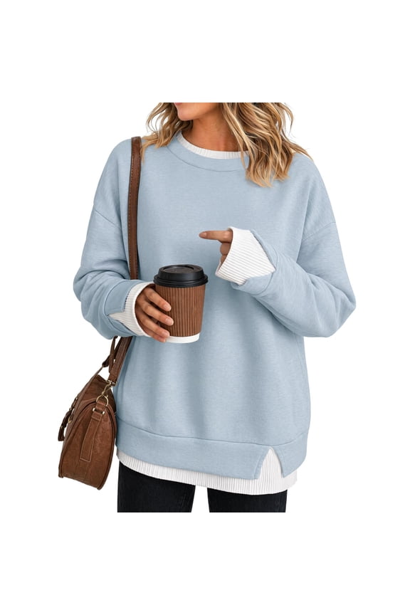 Women Crewneck Sweatshirts Long Sleeve Loose Fit Fall Pullover Tops | Faux Layered, Drop Shoulder, Chic Clothes Sky Blue S