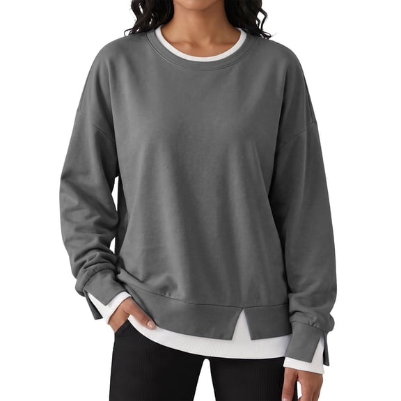 Women Crewneck Sweatshirts Long Sleeve Loose Fit Fall Pullover Tops Side Slits Cuffs & Hem, Faux Layered,Drop Shoulder, Trendy Chic Casual Clothes, Warm, Soft, Cozy, Tunic Hoodie