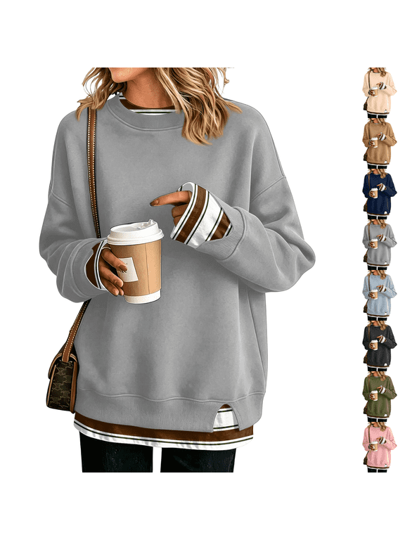 Women Crewneck Sweatshirts Long Sleeve Loose Fit Fall Pullover Tops Side Slits Layered Drop Shoulder Chic Clothes Warm Soft Cozy Tunic Shirt