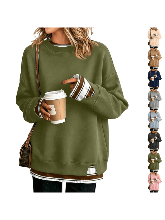 Women Crewneck Sweatshirts Long Sleeve Loose Fit Fall Pullover Tops Side Slits Layered Drop Shoulder Chic Clothes Warm Soft Cozy Tunic Shirt