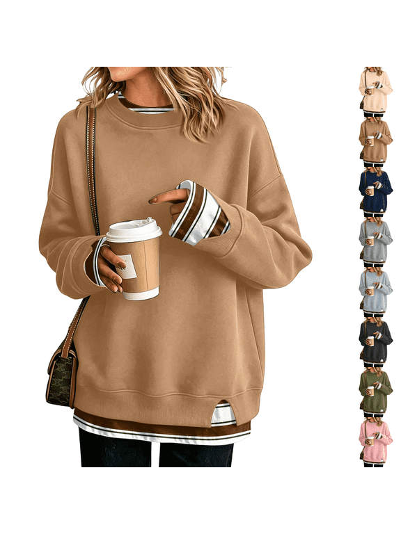 Women Crewneck Sweatshirts Long Sleeve Loose Fit Fall Pullover Tops Side Slits Layered Drop Shoulder Chic Clothes Warm Soft Cozy Tunic Shirt