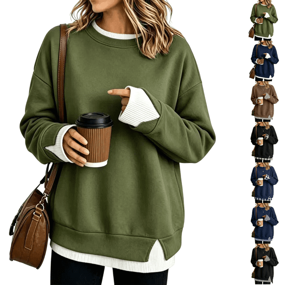 Women Crewneck Sweatshirts Long Sleeve Loose Fit Fall Pullover Tops Teacher Side Slits Fake Layered Crew Neck Cowboy Chic Clothes Warm Cozy Tunic Shirts