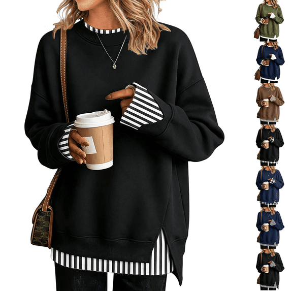 Women Crewneck Sweatshirts Long Sleeve Loose Fit Fall Pullover Tops Teacher Side Slits Fake Layered Crew Neck Cowboy Chic Clothes Warm Cozy Tunic Shirts