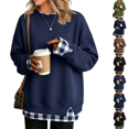 thumbnail image 1 of Women Crewneck Sweatshirts Long Sleeve Loose Fit Fall Pullover Tops Teacher Side Slits Fake Layered Crew Neck Cowboy Chic Clothes Warm Cozy Tunic Shirts, 1 of 4