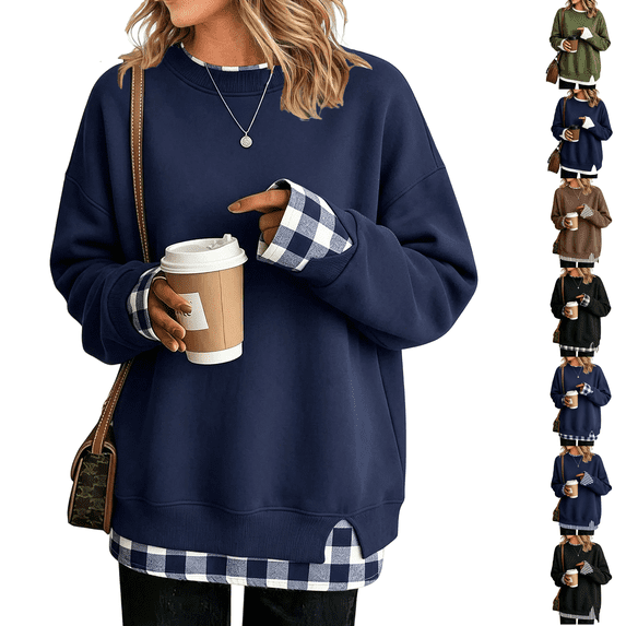 Women Crewneck Sweatshirts Long Sleeve Loose Fit Fall Pullover Tops Teacher Side Slits Fake Layered Crew Neck Cowboy Chic Clothes Warm Cozy Tunic Shirts