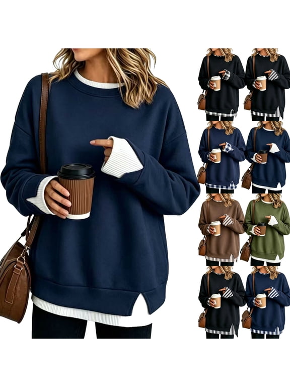 Women Crewneck Sweatshirts Long Sleeve Oversized Layered Detail Pullover Fall Clothes