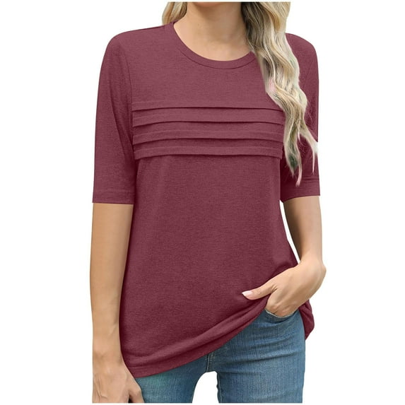 Women Crewneck T-shirts Spring Summer Half Sleeve Base Tees Pleated Solid Color Cotton Tshirts Tops (2XL, Wine)