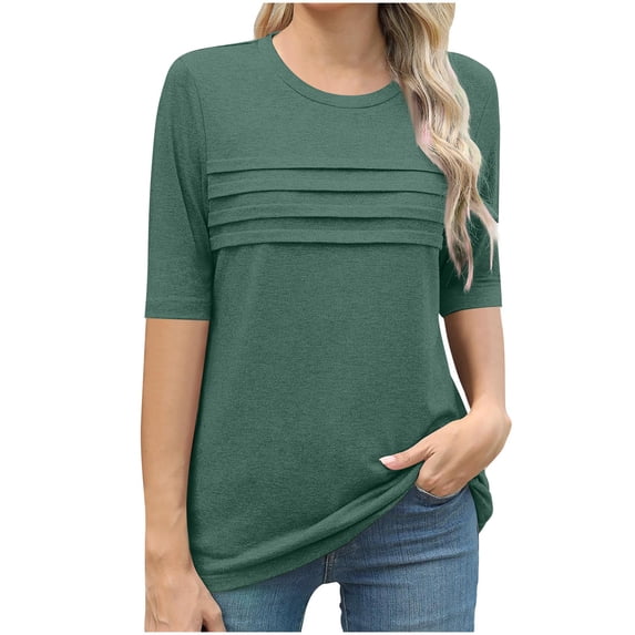 Women Crewneck T-shirts Spring Summer Half Sleeve Base Tees Pleated Solid Color Cotton Tshirts Tops (M, Green)