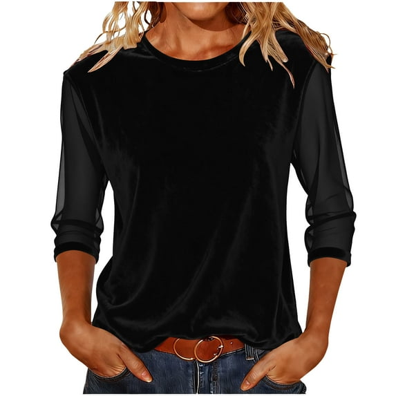 Women Crewneck Velvet T Shirts 3/4 Length Sleeves Pullover Casual Dressy 2026 Summer Velour Tunic Blouses