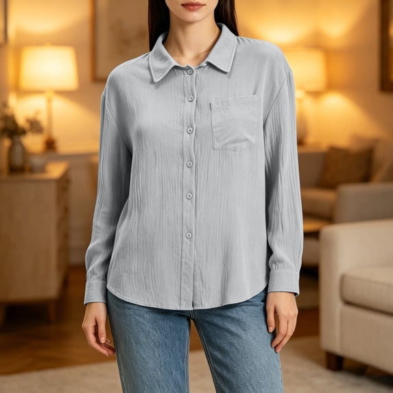 Women Crinkle Gauze Cotton Blend Oversized Button Down Shirt with Chest Pocket, Lightweight Summer Casual Top,Gray,2XL