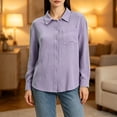 thumbnail image 1 of Women Crinkle Gauze Cotton Blend Oversized Button Down Shirt with Chest Pocket, Lightweight Summer Casual Top,Purple,XL, 1 of 7