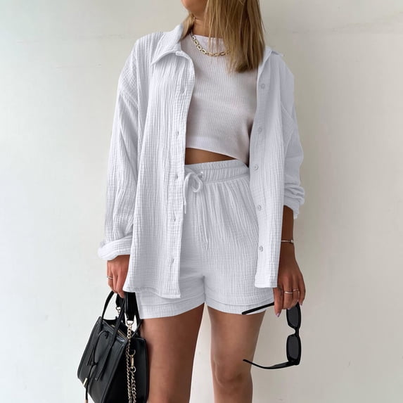 Women Crinkled Textured Two Piece Outfit Set, Lapel Long Sleeve Button Shirt & High Waist Drawstring Shorts, Plus Size Casual Loungewear Suit for Vacation Daily Street Wear 06-White XL