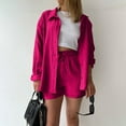 thumbnail image 1 of Women Crinkled Textured Two Piece Outfit Set, Lapel Long Sleeve Button Shirt & High Waist Drawstring Shorts, Plus Size Casual Loungewear Suit for Vacation Daily Street Wear 02-Hot Pink M, 1 of 5