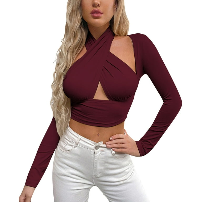 Women Criss Cross Halter Neck Crop Vest Tops Long Sleeve Front Cutout Wrap Tops Solid Color Buckle Tops Womens Long Sleeve Layering Shirt Shirt Shirts for Women Long Sleeve Undershirts for Women