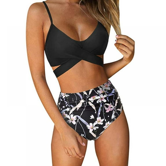Women Criss Cross High Waisted String Floral Printed/Solid Color 2 Piece Bathing Suits