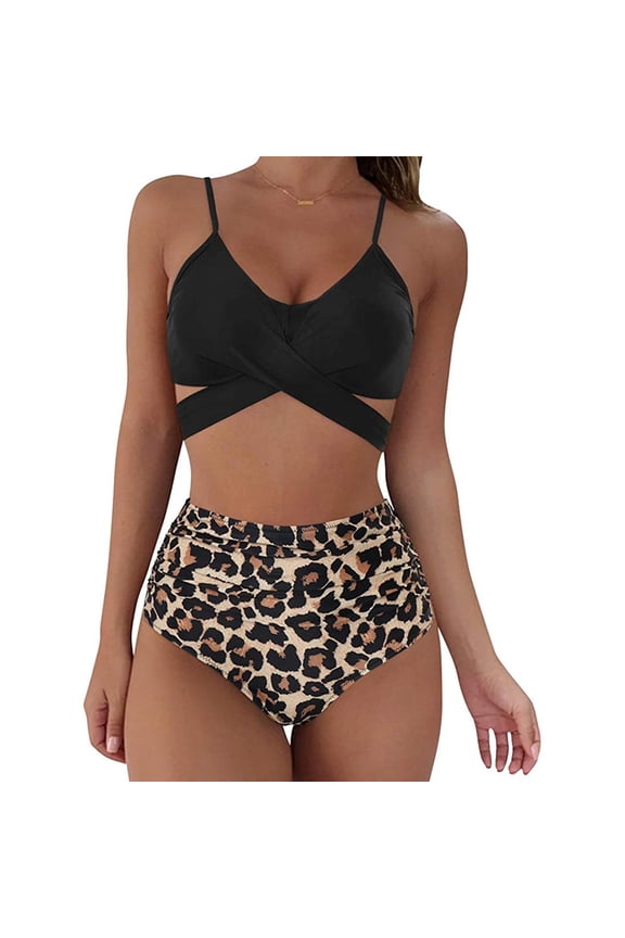 Women Criss Cross Tankini Two Piece Bathing Suits High Waisted Adjustable Sexy Spaghetti Strap Wrap Bikini Tummy Control Floral Print Beach Swimsuits, Black Leopard M