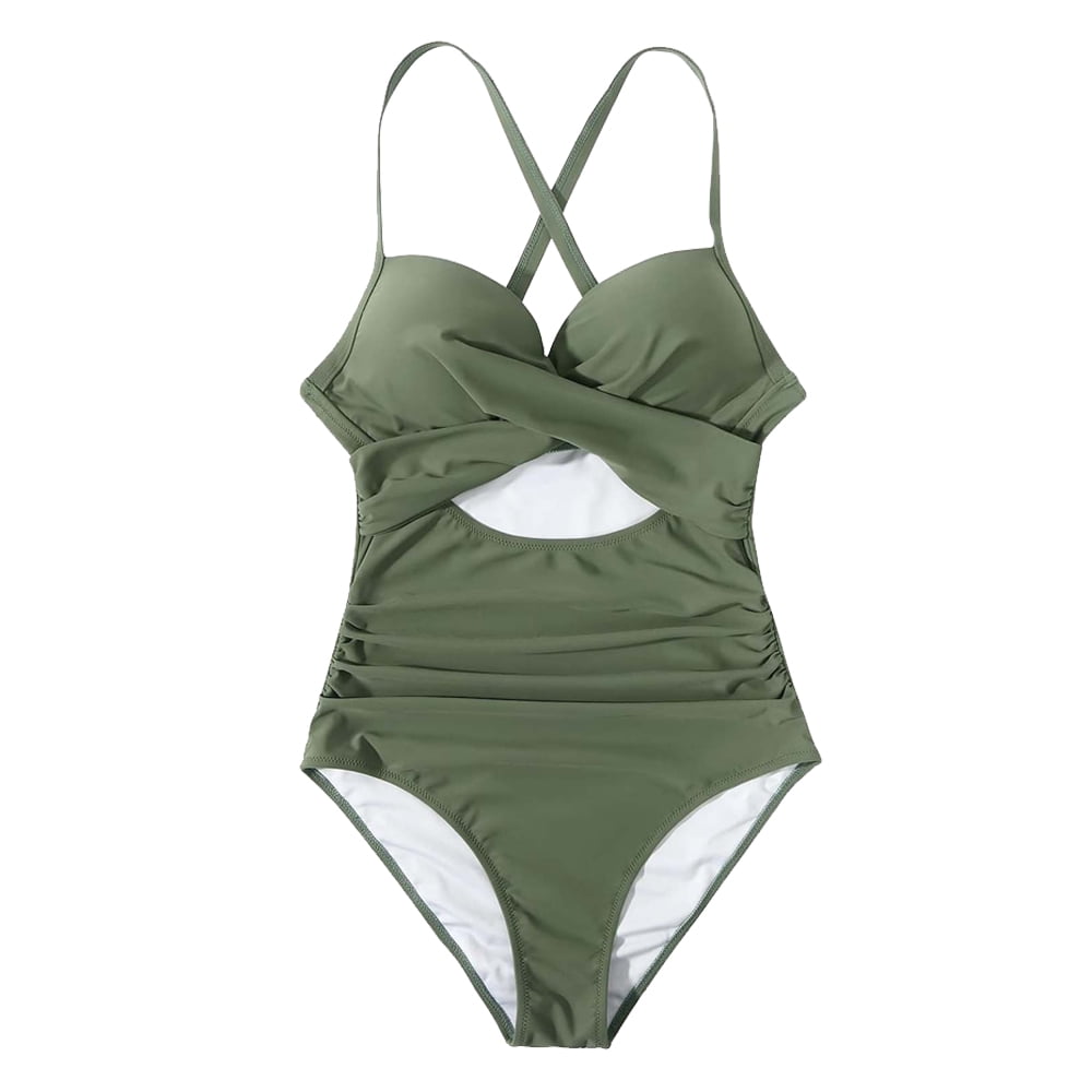 Women Crisscross Back Ruched One Piece Swimsuit Cut Out High Cut Thin