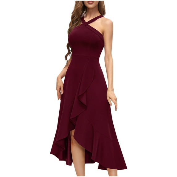 Women Crisscross Halter Neck Cocktail Dress High-Low Ruffle Hem Flowy Formal Bridesmaid Wedding Guest Evening Dress