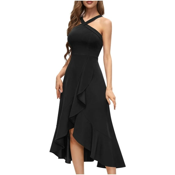 Women Crisscross Halter Neck Cocktail Dress High-Low Ruffle Hem Flowy Formal Bridesmaid Wedding Guest Evening Dress
