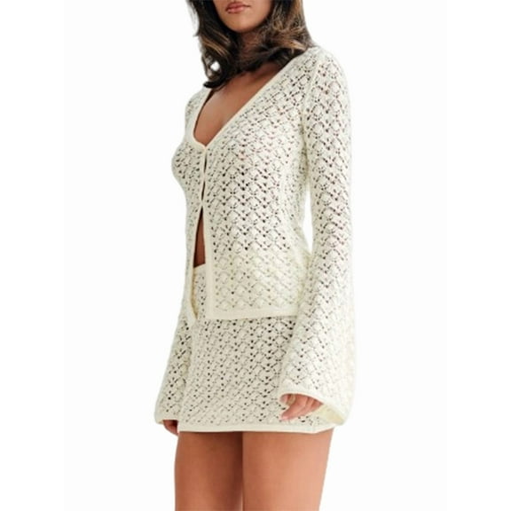 Women Crochet 2 Piece Outfits Set Swimwear Cover Up Flared Long Sleeve Button Down Tops Beach Mini Skirt Outfits White M