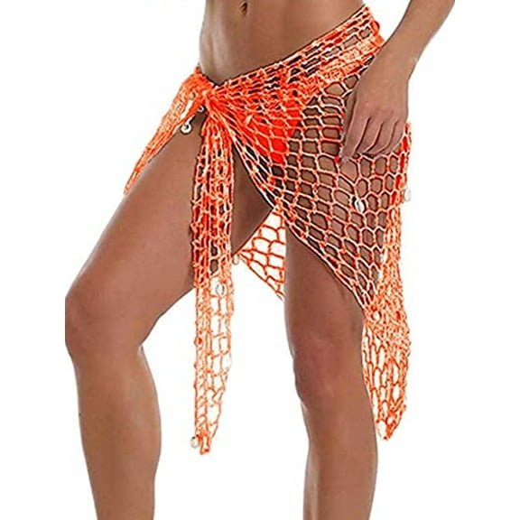 Women Crochet Beach Cover Up Sarong Wrap with Shells Fishnet Bikini Cover Up Swimwear Scarves