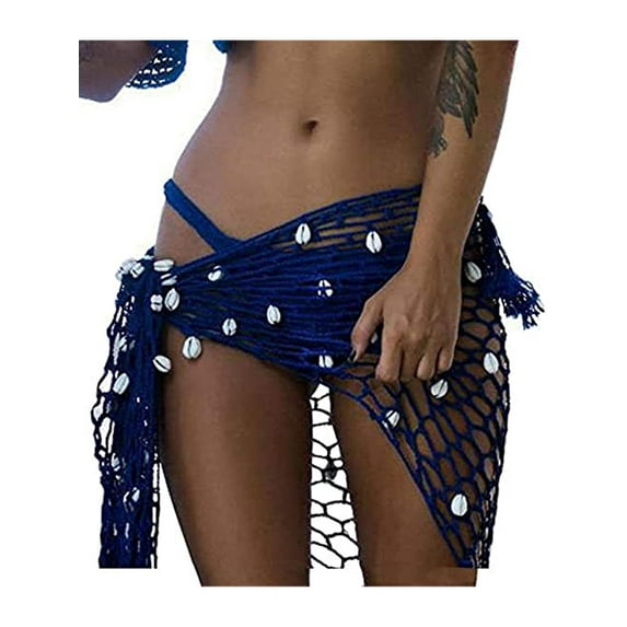 Women Crochet Beach Cover Up Sarong Wrap with Shells Fishnet Bikini Cover Up Swimwear Scarves
