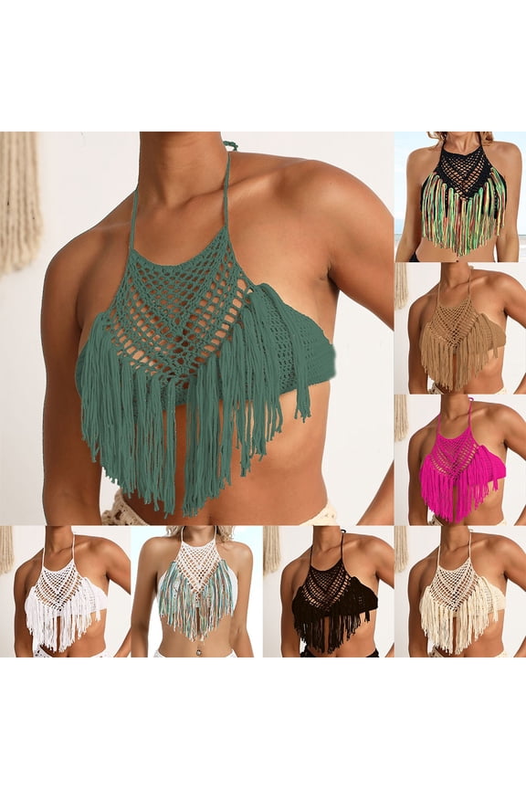 Women Crochet Bikini Top Triangle Hollow Out Swimsuit Sexy Swimming Bra Swimwear Lake Green S YIWEI